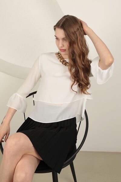 Lukas Crepe Fabric Women's Blouse with Flow Sleeve-Ecru