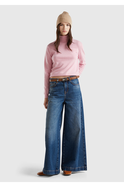 United Colors of Benetton Pulover roz pentru femei - Guler, 100% Merino