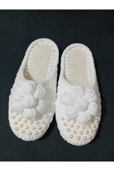 MERUT STYLE HAYATINI RENKLENDİR El Örgüsü Ev Terliği Kadife Ip Beyaz Inci Det...