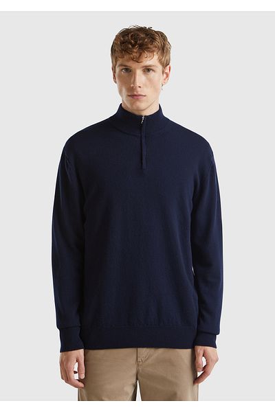 United Colors of Benetton Мъжки пуловер в тъмносин цвят - яка с висока талия, 100% мериносова материя, половин цип
