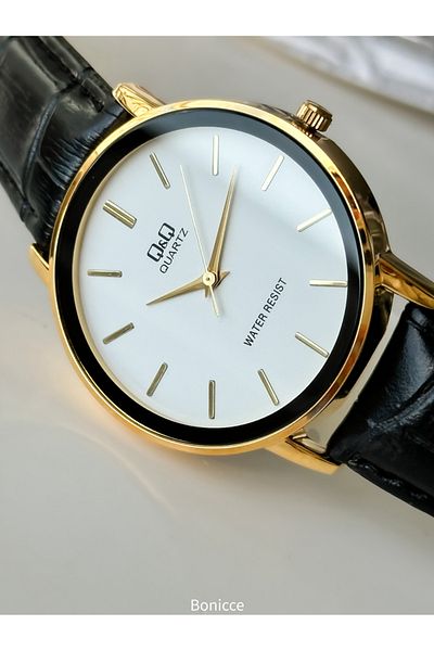 Q&Q Brand Black Leather Strap Waterproof, Men's Wristwatch + bracelet