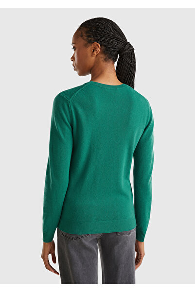 United Colors of Benetton Pulover Merino pentru femei verde închis - decolteu