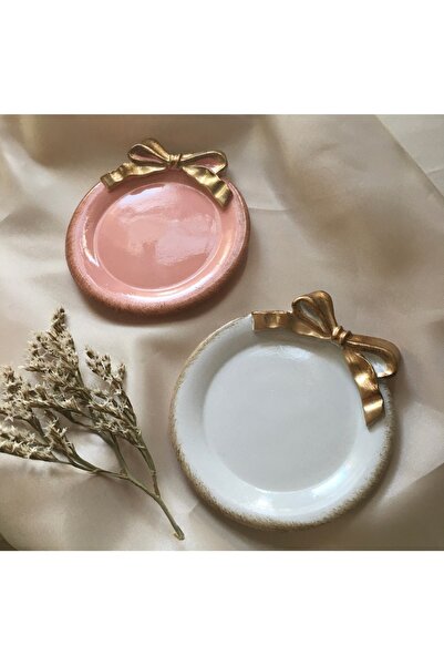 Hommark Pembe beyaz gold eskitme Fiyonk kurdele detaylı dekoratif takı tabağı...