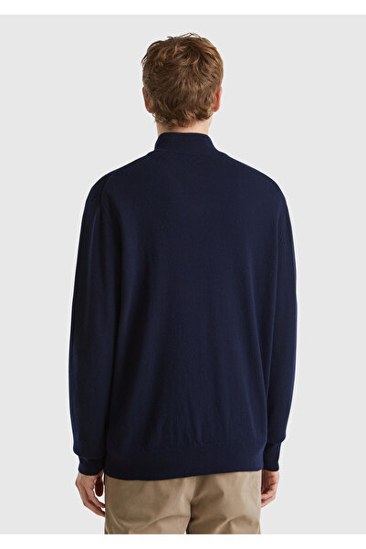 United Colors of Benetton Ανδρικό πουλόβερ Navy Blue - Stand-up Collar, 100% Merino, Μισό φερμουάρ