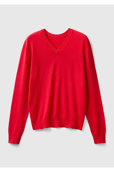United Colors of Benetton Red V-neck Round Neck Cotton and Modal Blend Women's Sweater