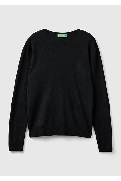 United Colors of Benetton Pulover de damă negru cu gât crew 100% merinos