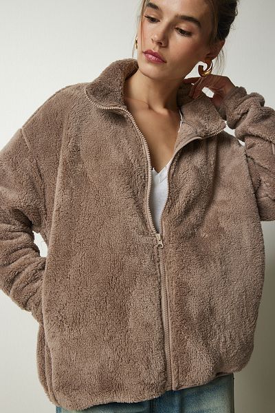 Lovelyİstanbul Cardigan de pluș bej închis - cu fermoar LUB0068