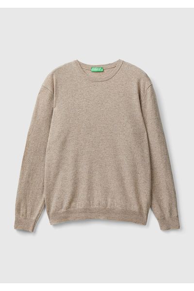 United Colors of Benetton Мъжки пуловер с кръгло деколте от 100% мериносова вълна в бежов меланж