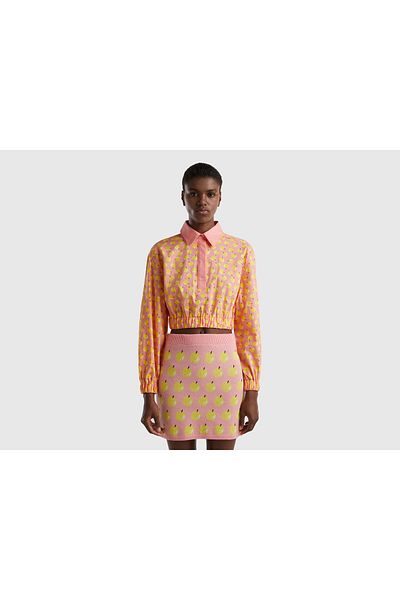 United Colors of Benetton Bluză de damă, roz, cu model de fructe, cu guler de cămașă, din poplin elastic