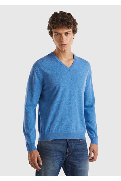 United Colors of Benetton Pulover albastru pentru bărbați, 100% merinos, cu decolteu în V