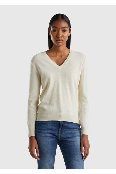 United Colors of Benetton Pulover de damă crem cu decolteu în V 100% merinos