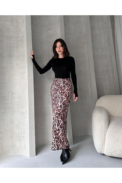 Fav Style Γυναικεία ψηλόμεση σχισμή λεοπάρ στάμπα μακριά Pencil φούστα καφέ