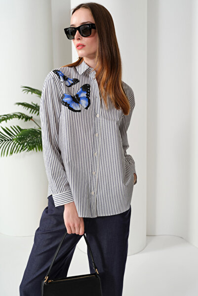 Naramaxx Kelebek Baskılı Çizgili Gömlek