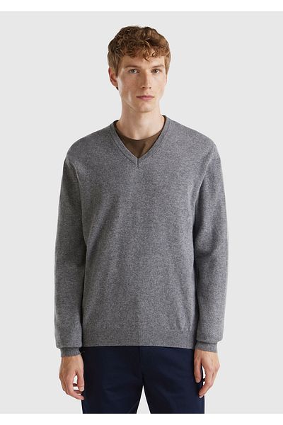 United Colors of Benetton Men's Anthracite Melange V-Neck 100% Merino Sweater