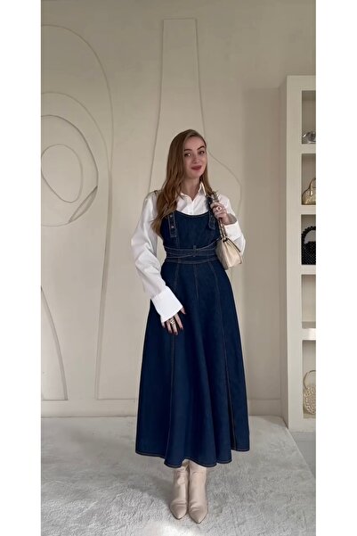 Afiş Butik Rochie midi din denim albastru marin cu bretele