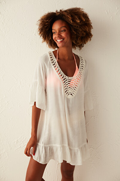 Penti White Tassel Back Colorful Tassel Detailed Kaftan