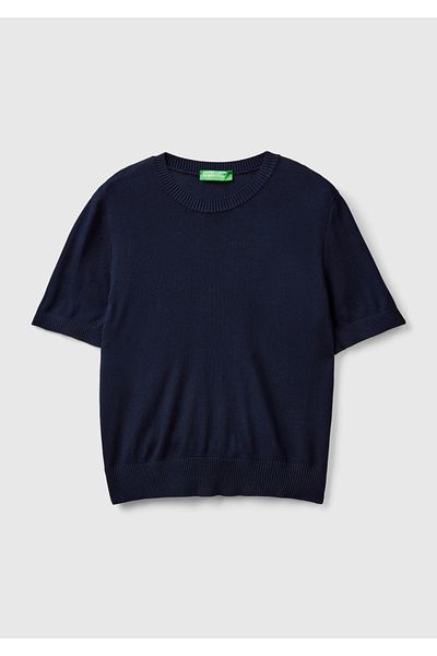 United Colors of Benetton Γυναικείο πουλόβερ Navy Blue Cotton-Modal Blend - Γυναικείο πουλόβερ με στρογγυλή λαιμόκοψη με μανίκια τριών τετάρτων