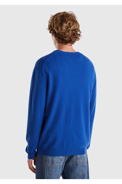 United Colors of Benetton Pulover pentru bărbați cu decolteu în V albastru închis 100% merinos