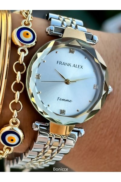 Frank Alex Ferrucci̇ By. - Silver Yellow Women's Wrist Watch and Bracelet, Steel Band and Cut Glass