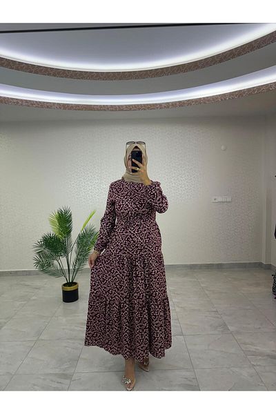 WAPP Γυναικείο φόρεμα Hijab με φερμουάρ πίσω από ύφασμα βισκόζης με λιλά σχέδια