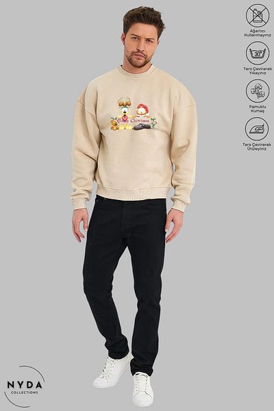 Nyda Collections Unisex μακρυμάνικο χριστουγεννιάτικο πρωτοχρονιάτικο φούτερ με στάμπα με λαιμόκοψη χωρίς κουκούλα