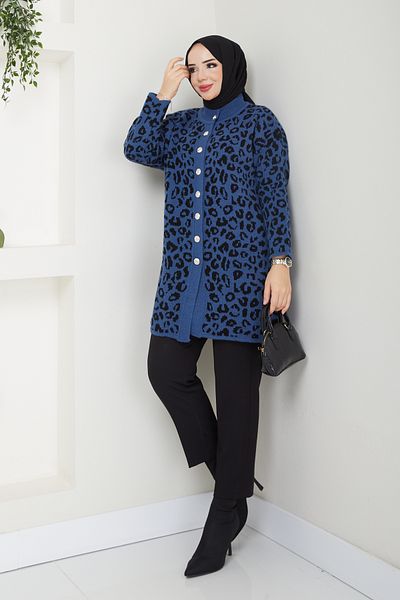 Pamuk Butik Women's Leopard Patterned Knitwear Cardigan