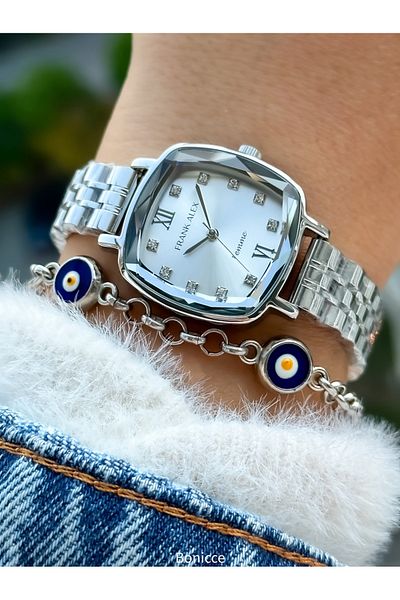 Frank Alex Ferrucci̇ By. Silver Color Women's Wrist Watch & Bracelet - Steel Cord & Cutout Glass