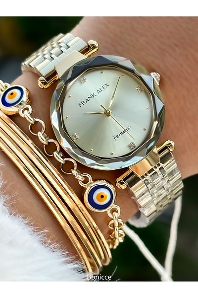 Frank Alex Ferrucci̇ By. Women's Yellow Color Wrist Watch & Bracelet - Steel Cord & Cutout Glass