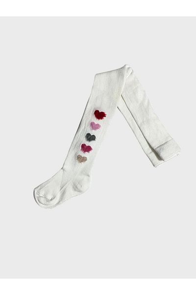 ALİŞ KİDS Girl's Cotton Washed Perfumed Hairy Heart Patterned White Pantyhose
