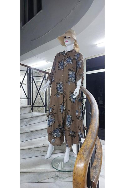 EREN STYLE Italian Shirt Collar Long Sleeve Digital Floral Printed Linen Dress-Pants (Set of 2)