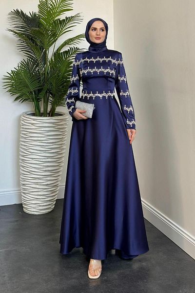MERVEN AKYÜZ Navy Blue Onsra Stone Evening Dress