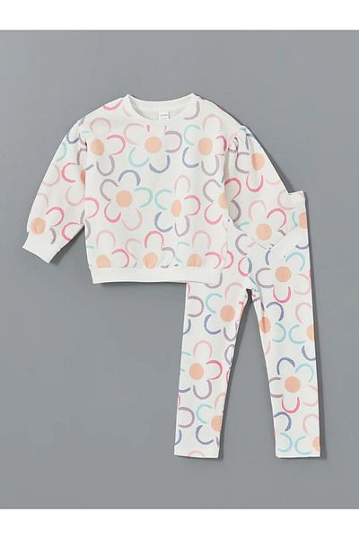 LC Waikiki Lcw Kids Girl's Ecru Floral Sweatshirt and Leggings - Crew Neck Set of 2