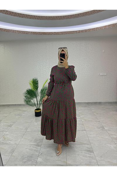 WAPP Γυναικείο φόρεμα Hijab με φερμουάρ πίσω από ύφασμα βισκόζης με πράσινο σχέδιο