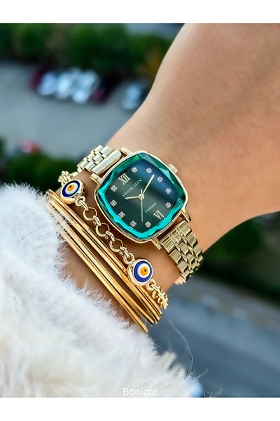 Frank Alex Ferrucci̇ By. Women's Wrist Watch Bracelet with Yellow Color Steel Band Cutout Glass and Emerald Green Dial