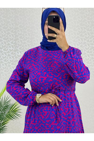 WAPP Γυναικείο φόρεμα Hijab με φερμουάρ πίσω από ύφασμα βισκόζης με μπλε σχέδιο