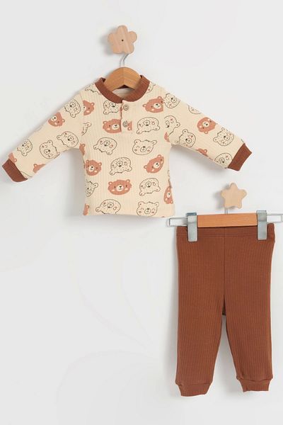 LOGO AKSESUAR Beige Colored Bear Patterned 100% Cotton Children's Set - Top and Bottom Set