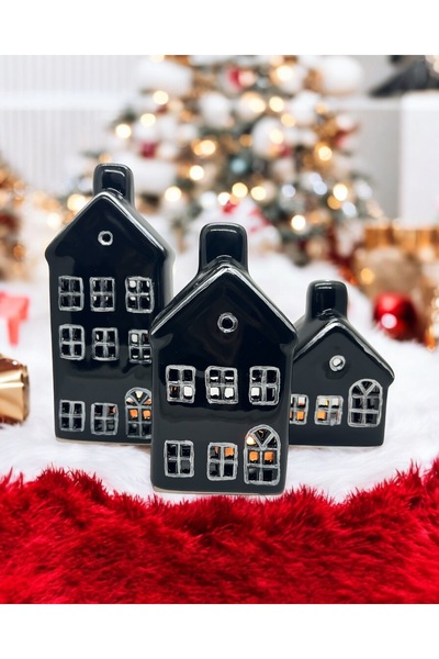 MAMALİZA 3lu Seramik Mumluk seti. Ev figürlü mumluk. Ev biblo. Obje