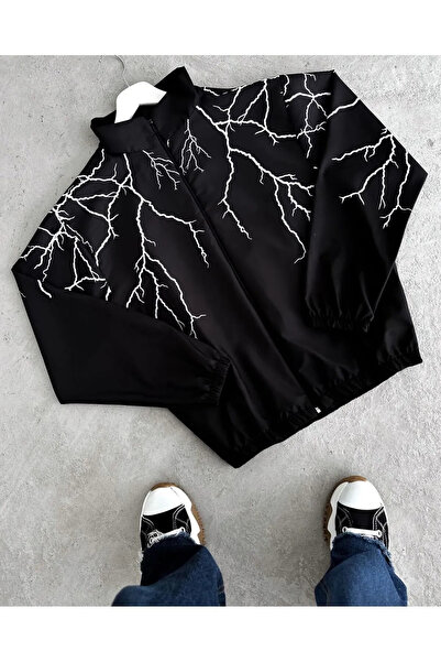 Lushen Y2k Lightning Printed Oversize Αλεξίπτωτο Unisex Αδιάβροχο Ανεμοδαρικό μπουφάν