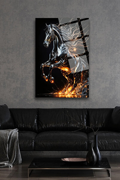 TAULART ATEŞ İÇİN DE ŞAHA KALKAN GÖRKEMLİ HARİKA AT GÖRSELİ KIRILMAZ CAM TABLO EV OFİS İŞ YERİ HEDİRYESİ