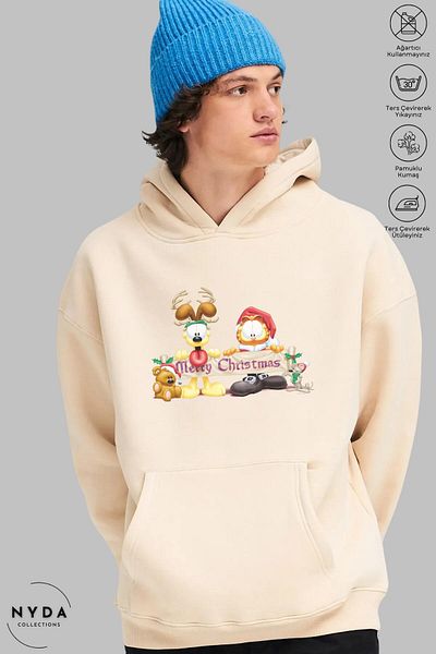 Nyda Collections Unisex Hooded Hoodie - Μακρυμάνικο, Χριστουγεννιάτικο Πρωτοχρονιάτικο εμπριμέ, Oversize βαμβακερό φούτερ