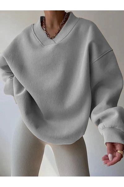 Garalio Oversize V-Neck Sling Sleeve Detail Sweatshirt