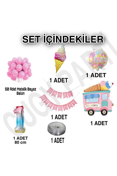 CUGY Girl Birthday Decoration Party Set Concept Pink Balloon Chain and Foil Set with Ice Cream Car and Cone