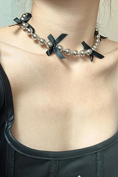 Nicheloop Siyah Kurdele Boncuk Choker Çelik Kolye