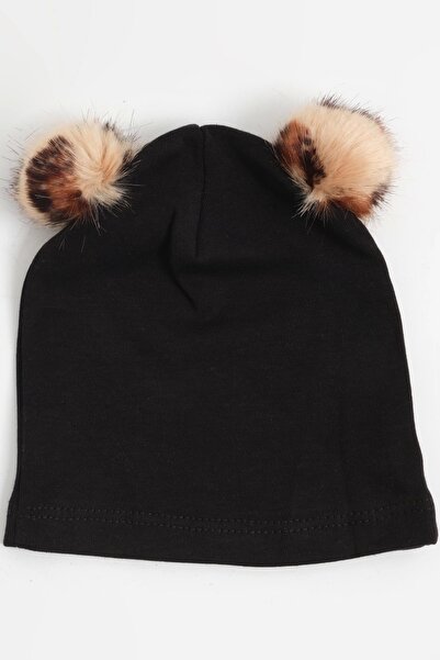 LOGO AKSESUAR Baby Girl Black Leopard Pompom Cotton Cap