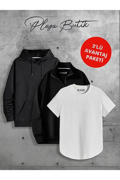Plaza Butik Unisex 3 Thread Half Zip Sweatshirt/ Hooded Sweatshirt/ Bottom Oval T-Shirt 3-Piece Advantage Pack