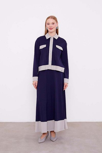 Levidor Navy Blue-Grey Shirt Collar Snap Closure Combed Cotton Skirt Suit