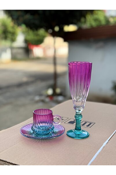 Hediye Köşkü 18 parça 6 Kişilik Çift Renkli Cam Kahve Sunum Seti