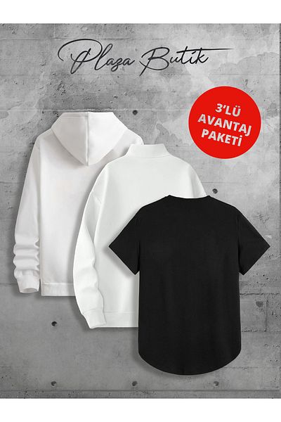 Plaza Butik Unisex 3 Thread Half Zip Sweatshirt/ Hooded Sweatshirt/ Bottom Oval T-Shirt 3-Piece Advantage Pack