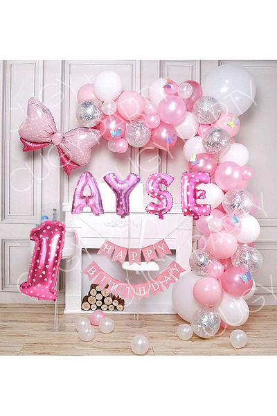 CUGY Girl's Birthday Decoration Party Set Pink Transparent White Balloon Set with Custom Name Written Pink Ribbon
