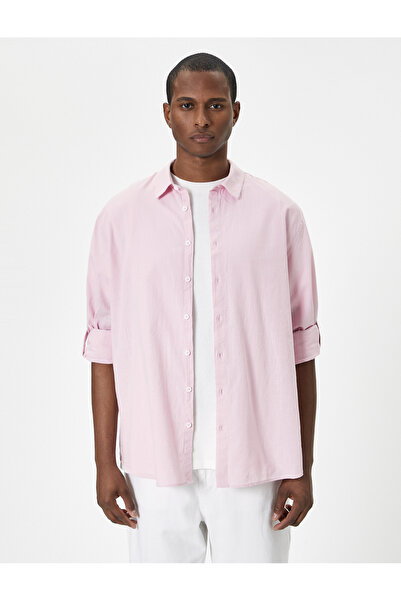 Koton Keten Görünümlü Gömlek Kol Detaylı Düğmeli Uzun Kollu Regular Fit